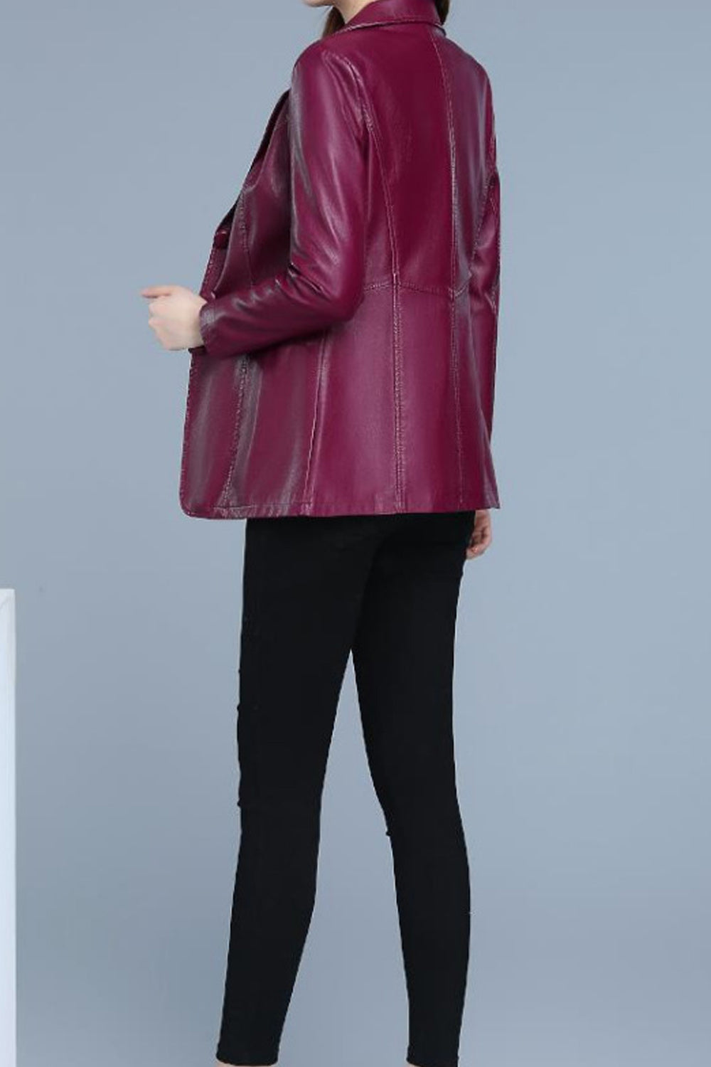 Women Elegant Solid Colored Lapel Collar Long Sleeve Easy Leather Jacket