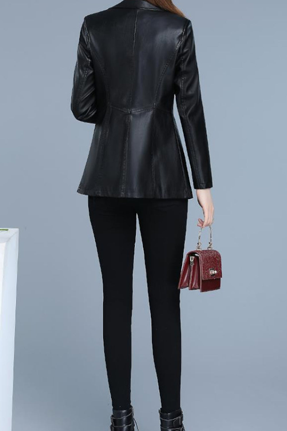 Women Elegant Solid Colored Lapel Collar Long Sleeve Easy Leather Jacket