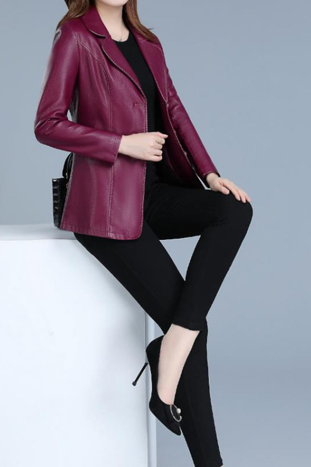 Women Elegant Solid Colored Lapel Collar Long Sleeve Easy Leather Jacket