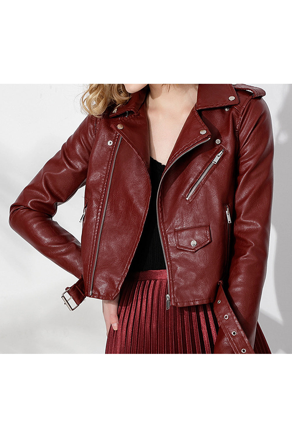 Women Big Collar Neck Long Sleeve Solid Colored Trendy Leather Jacket
