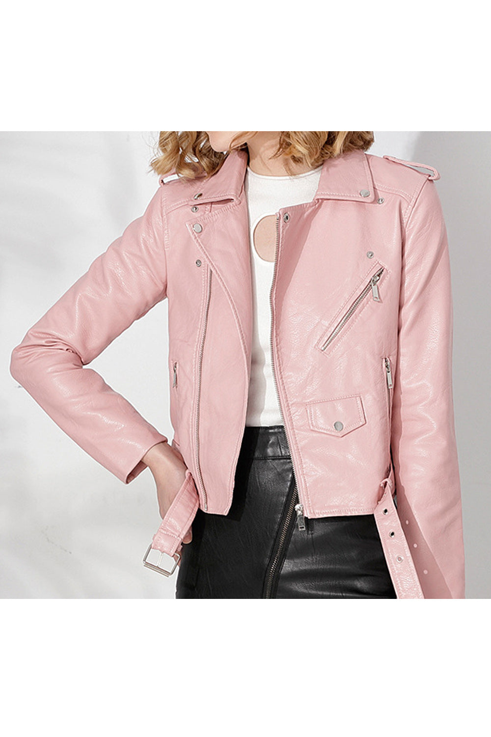 Women Big Collar Neck Long Sleeve Solid Colored Trendy Leather Jacket