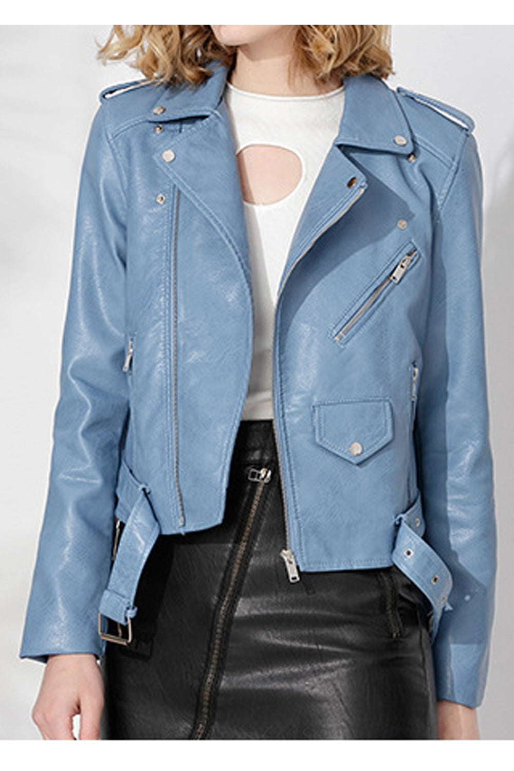 Women Big Collar Neck Long Sleeve Solid Colored Trendy Leather Jacket