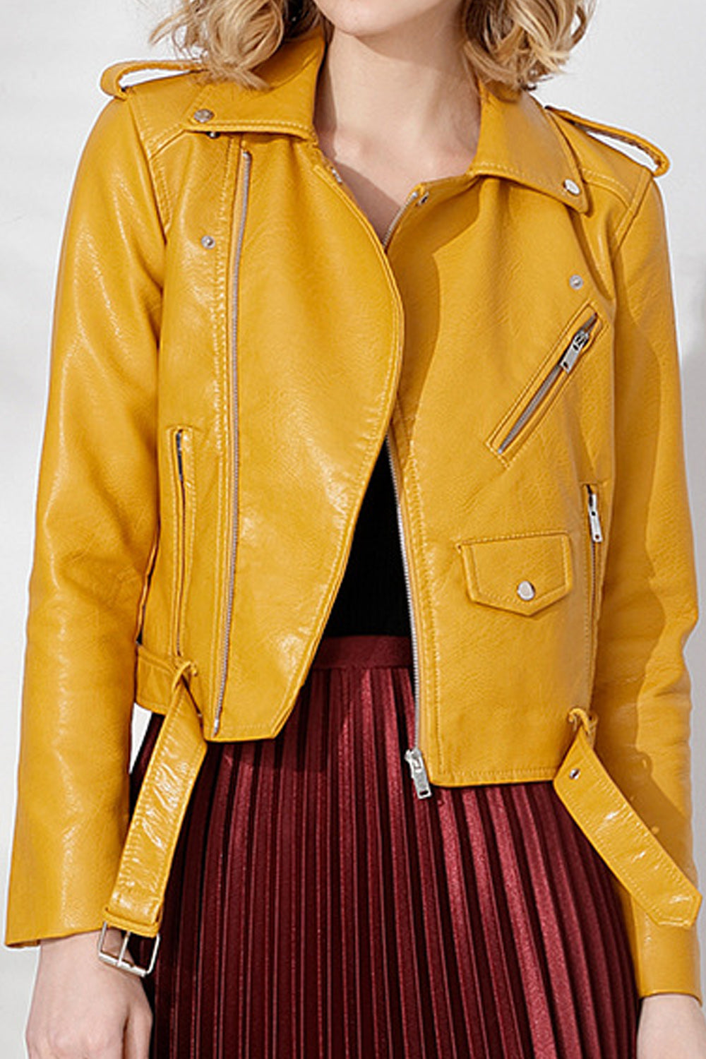 Women Big Collar Neck Long Sleeve Solid Colored Trendy Leather Jacket