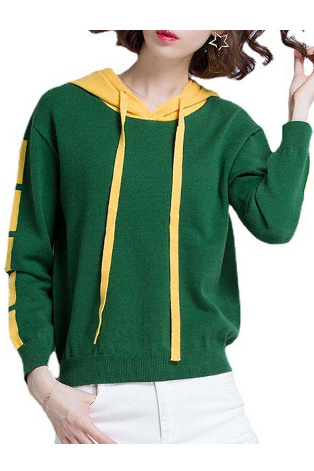 Women Contrast Color Hooded Neck Breathable Warm Hoodie