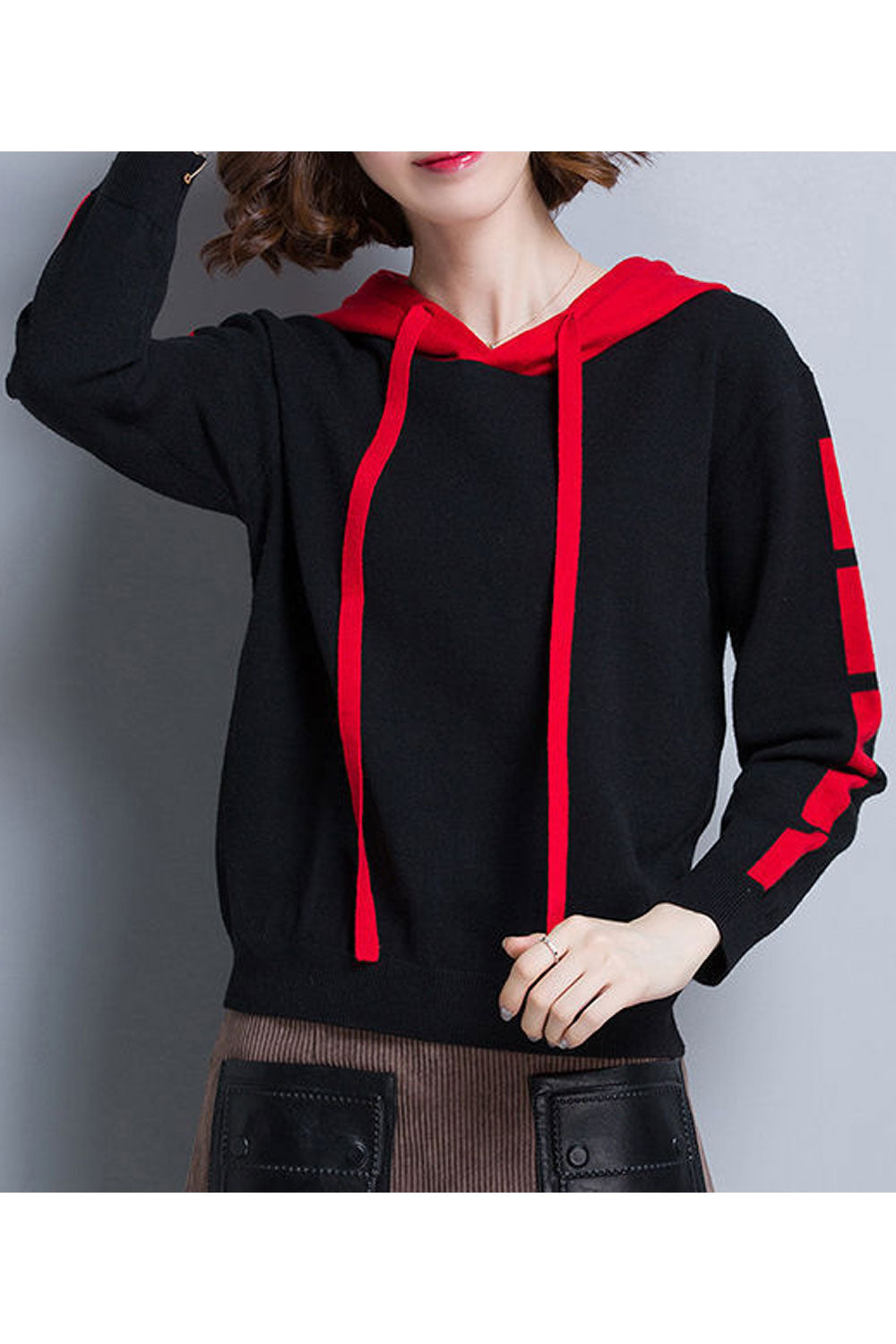 Women Contrast Color Hooded Neck Breathable Warm Hoodie