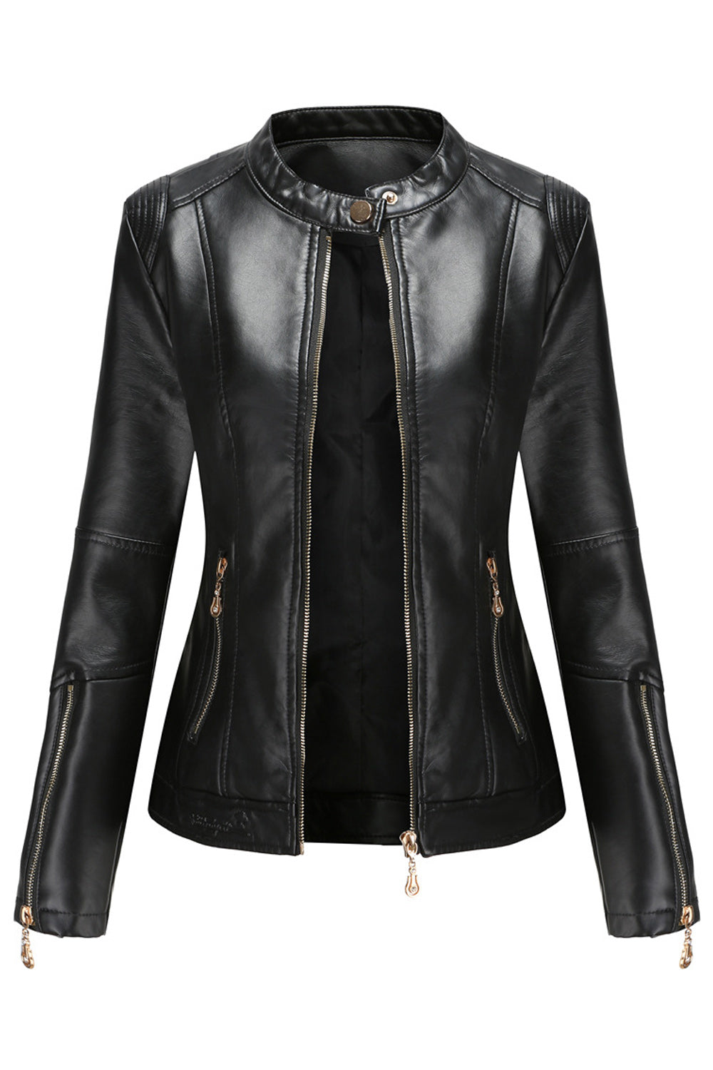 Women Zipper Closure Easy Solid Pattern Long Sleeve Comfy Leather Jacket