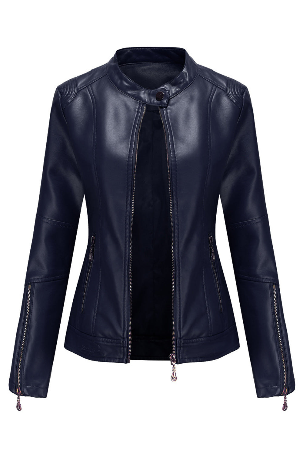 Women Zipper Closure Easy Solid Pattern Long Sleeve Comfy Leather Jacket