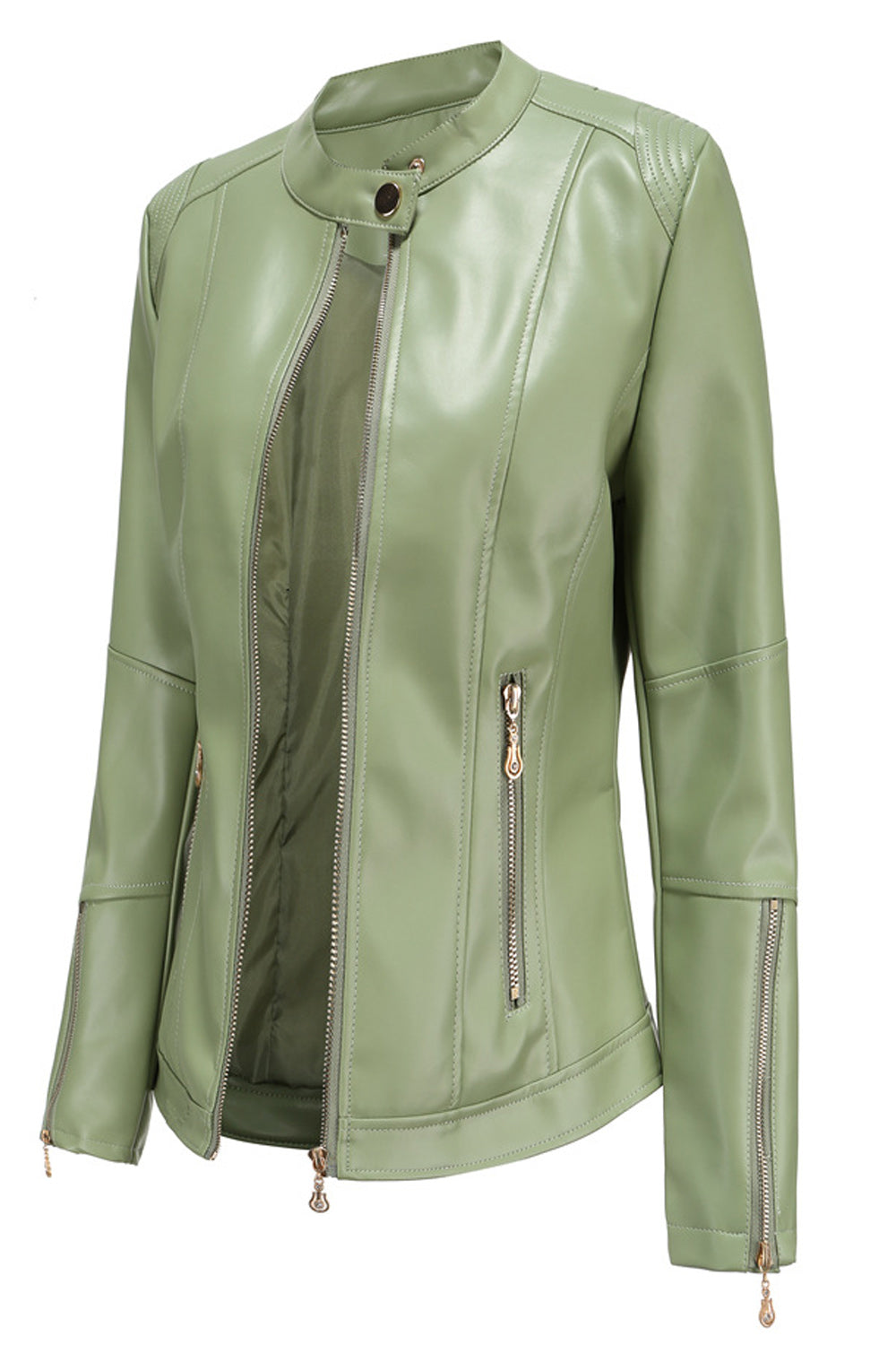 Women Zipper Closure Easy Solid Pattern Long Sleeve Comfy Leather Jacket
