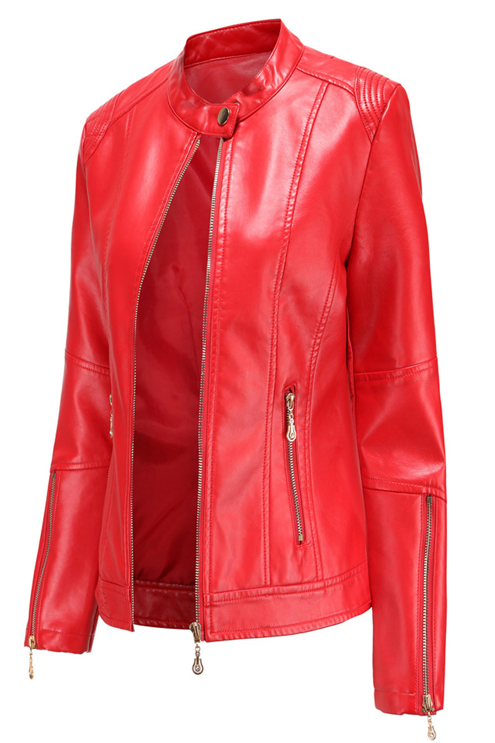 Women Zipper Closure Easy Solid Pattern Long Sleeve Comfy Leather Jacket