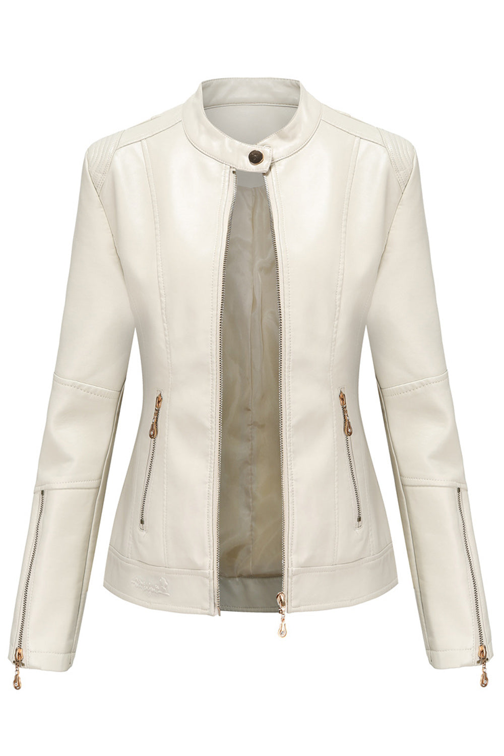 Women Zipper Closure Easy Solid Pattern Long Sleeve Comfy Leather Jacket