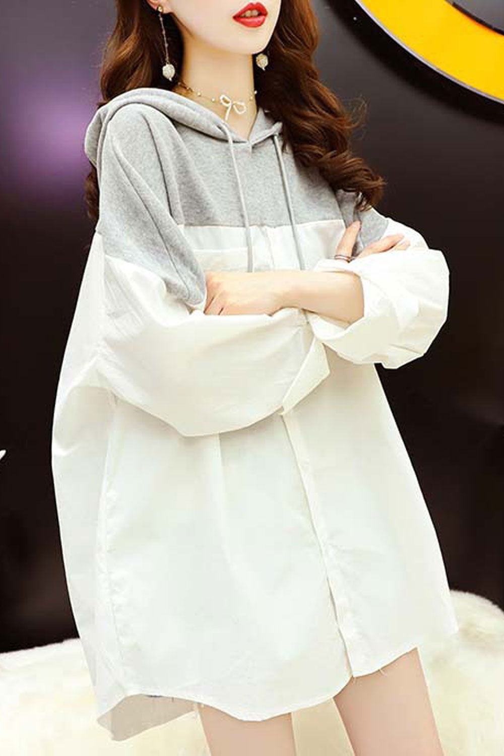 Women Contrast Color Hooded Neck Loose Fit Warm Hoodie