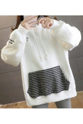 Women Admirable Plaid Hooded Neck Solid Color Looe Fit Long Sleeve Hoodie