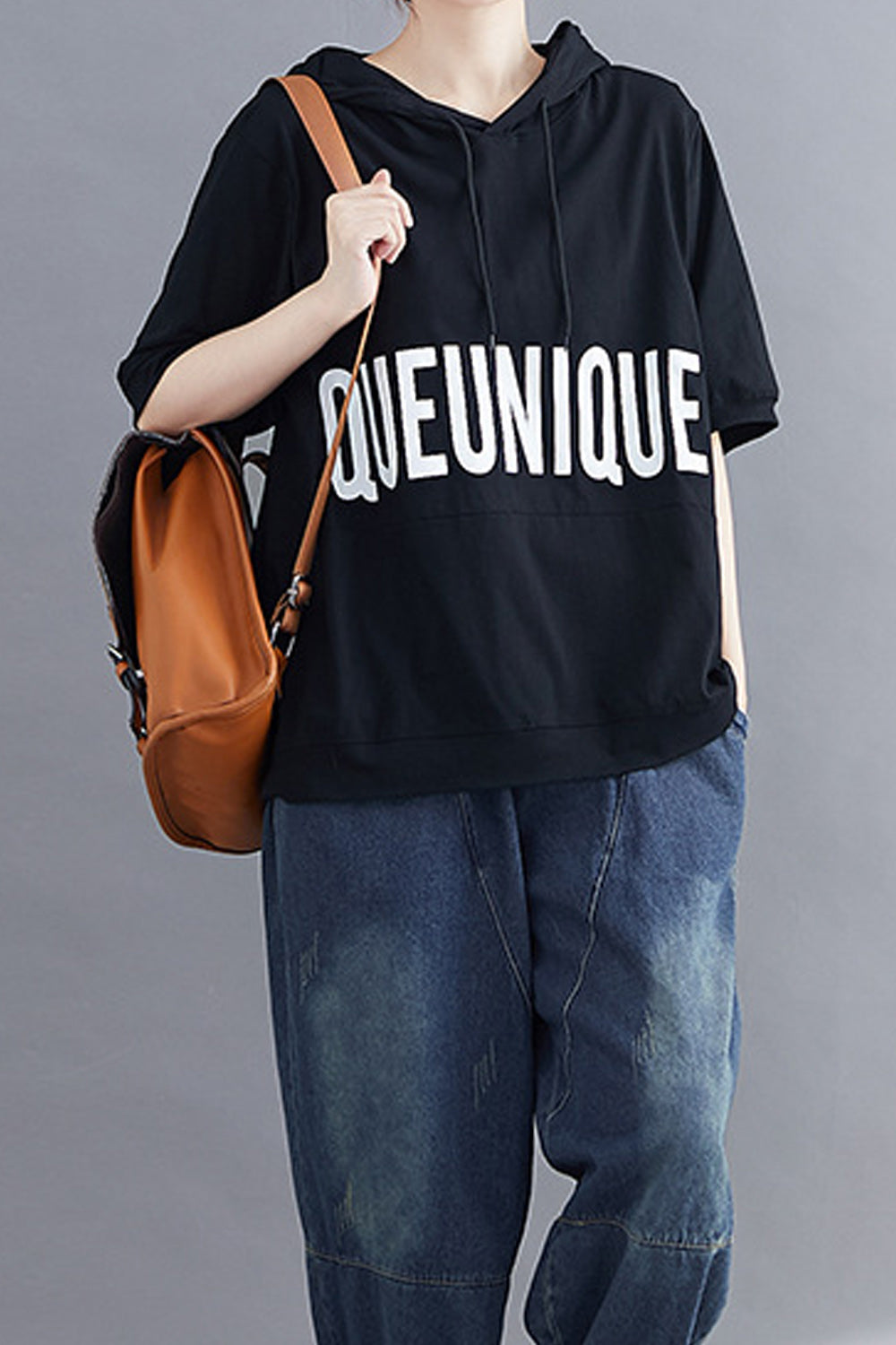 Women Fashionable Short Sleeve Solid Color Hoodie
