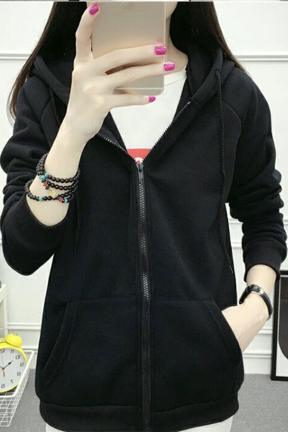 Women Easy Zip Up Closure Elegant Solid Pattern Long Sleeve Comfortable Winter Casual Hoodie