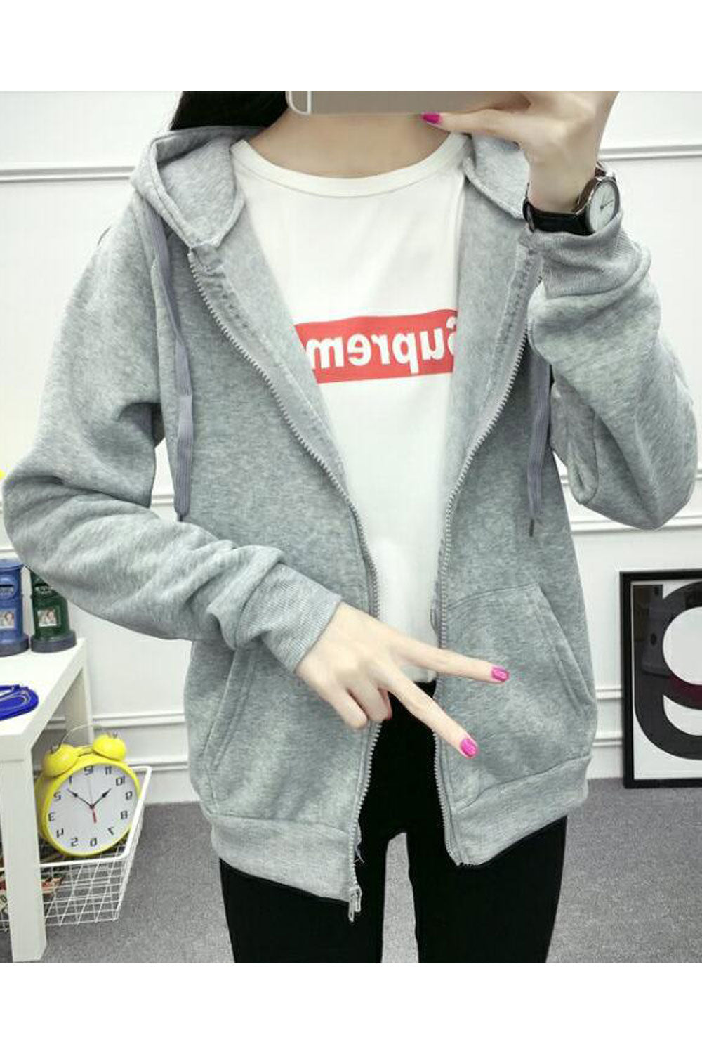 Women Easy Zip Up Closure Elegant Solid Pattern Long Sleeve Comfortable Winter Casual Hoodie