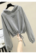 Women Stylish Short Length Solid Color Strap hem Hoodie