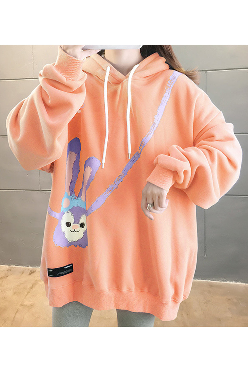 Women Cute Cartoon Printed Loose FIt Solid Color Hoodie