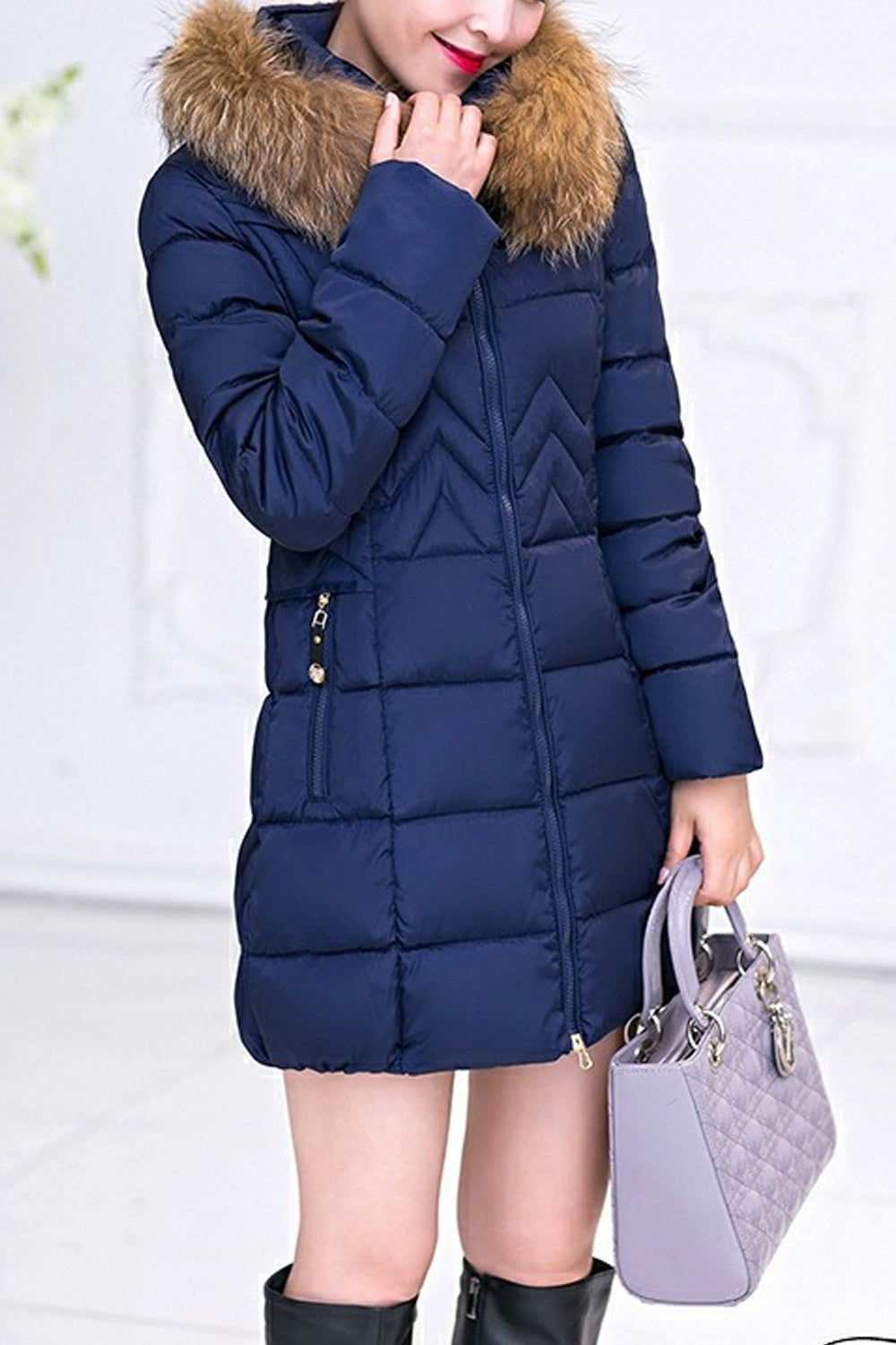 Women Solid Color Slim Fit Fur Hood Padded Jacket