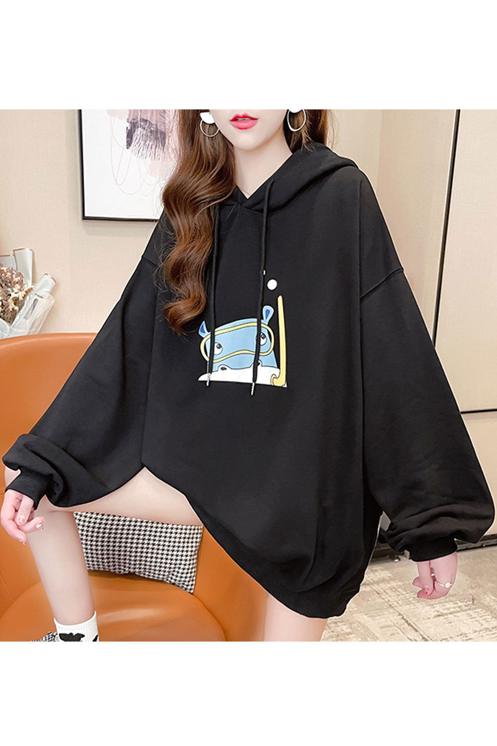 Women Elegant Printed Pattern Long Sleeve Ribbed Hem Loose Casual Hoodie