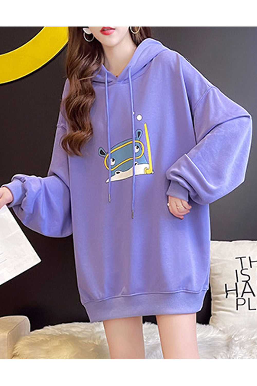 Women Elegant Printed Pattern Long Sleeve Ribbed Hem Loose Casual Hoodie