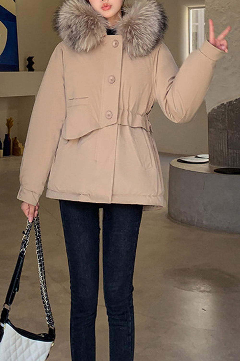 Women Small Collar Snap Button Padded Winter Jacket