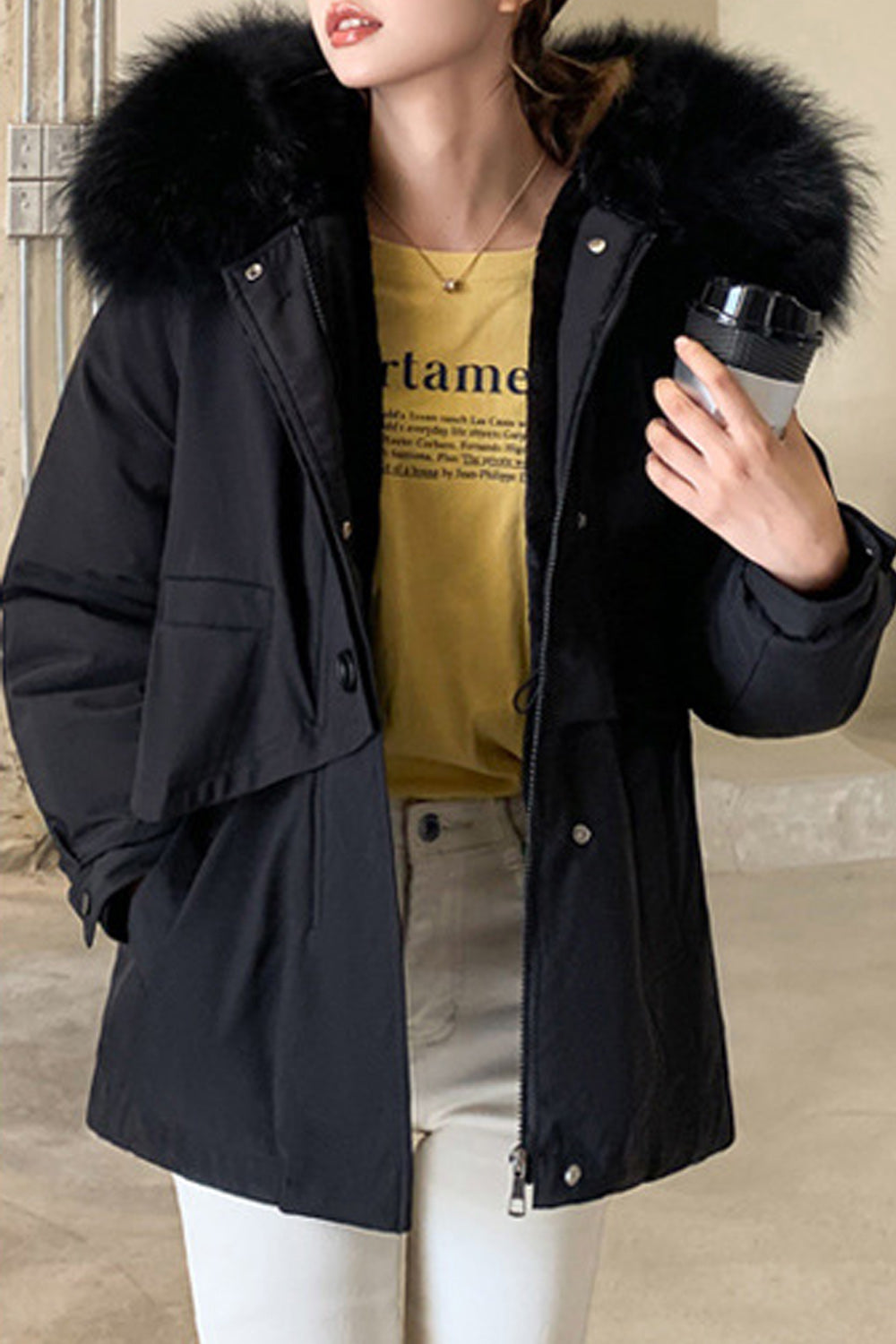 Women Small Collar Snap Button Padded Winter Jacket