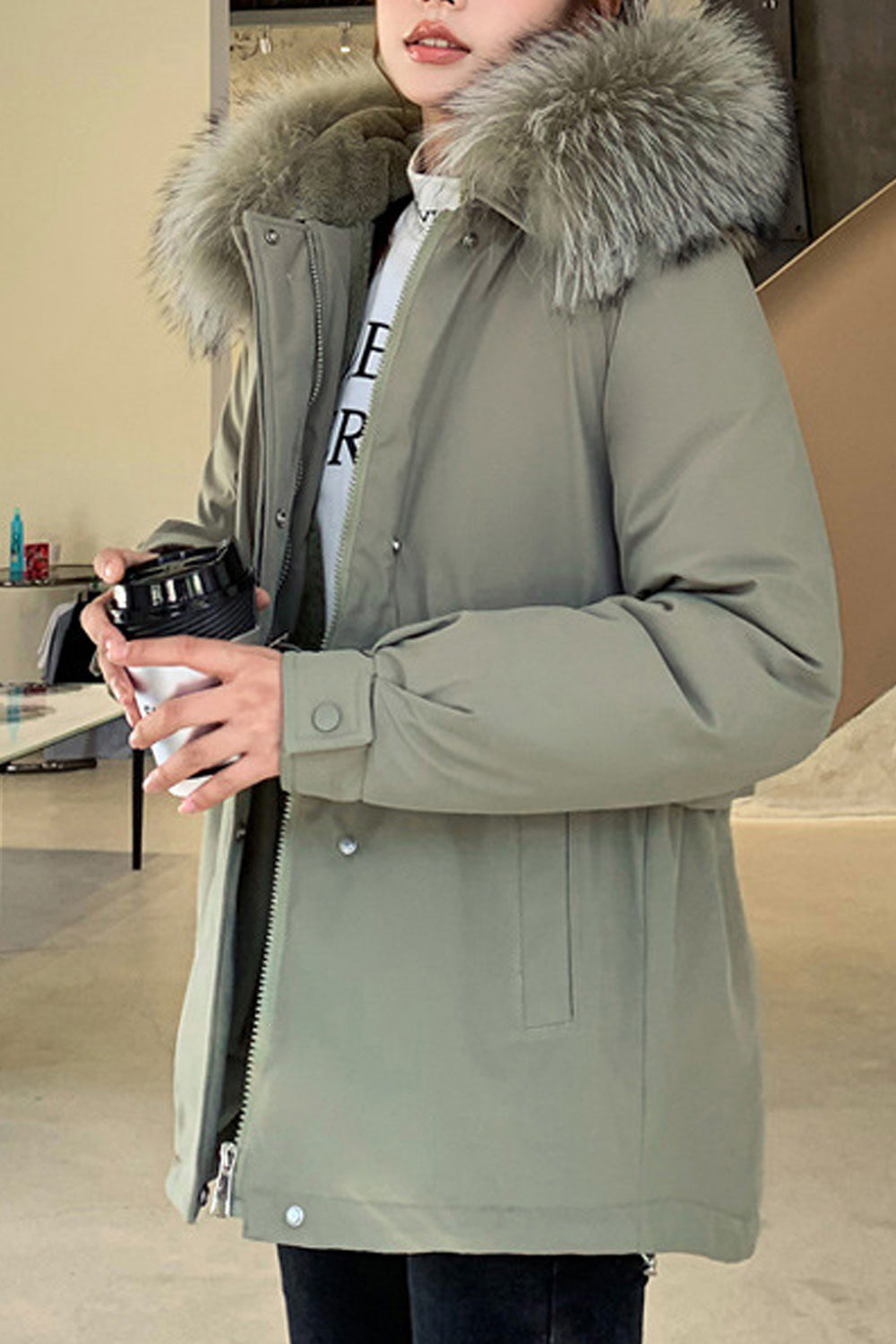 Women Small Collar Snap Button Padded Winter Jacket