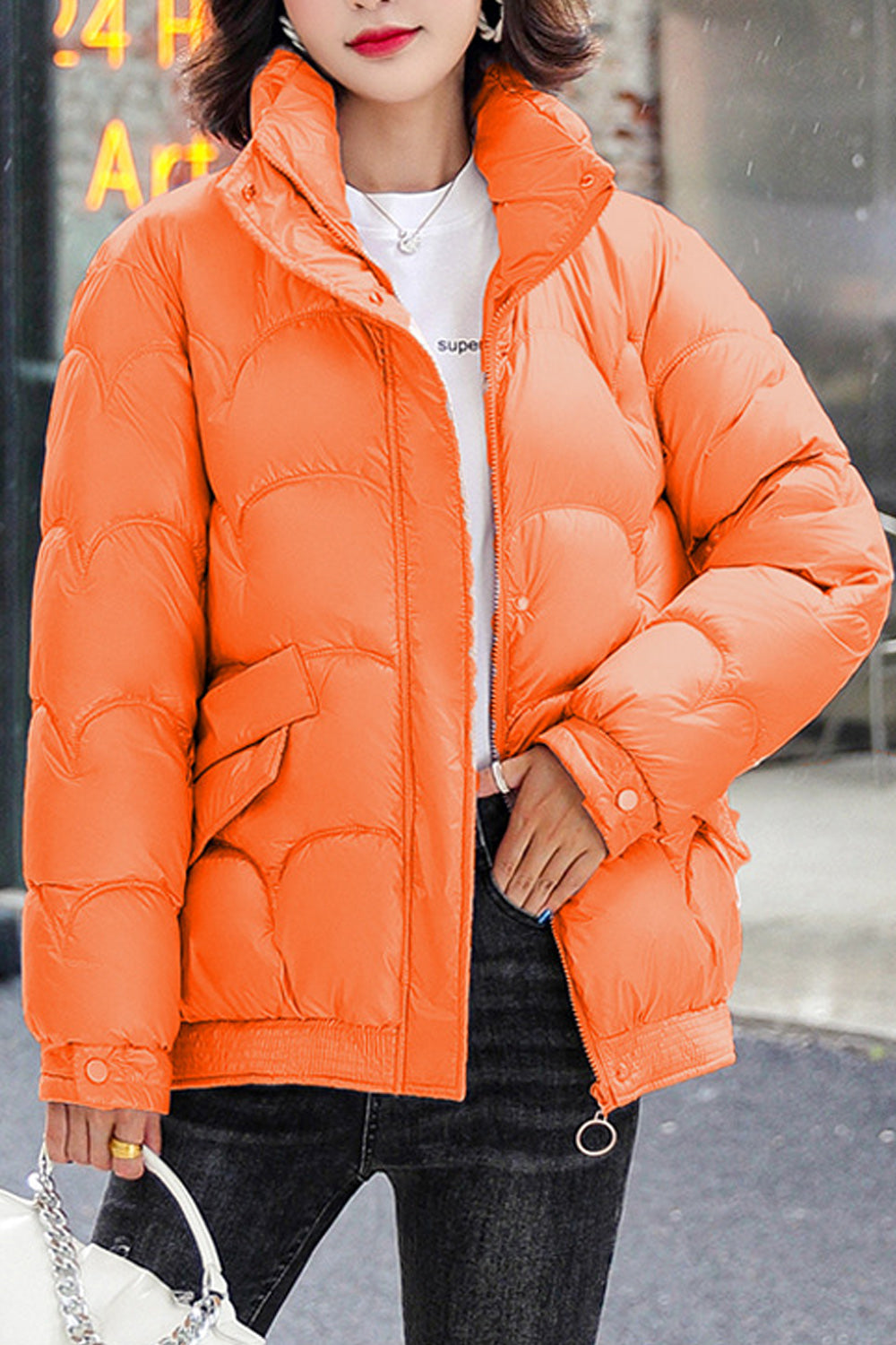 Women Cozy Amazing Long Length Solid Colored Stylish Padded Jacket