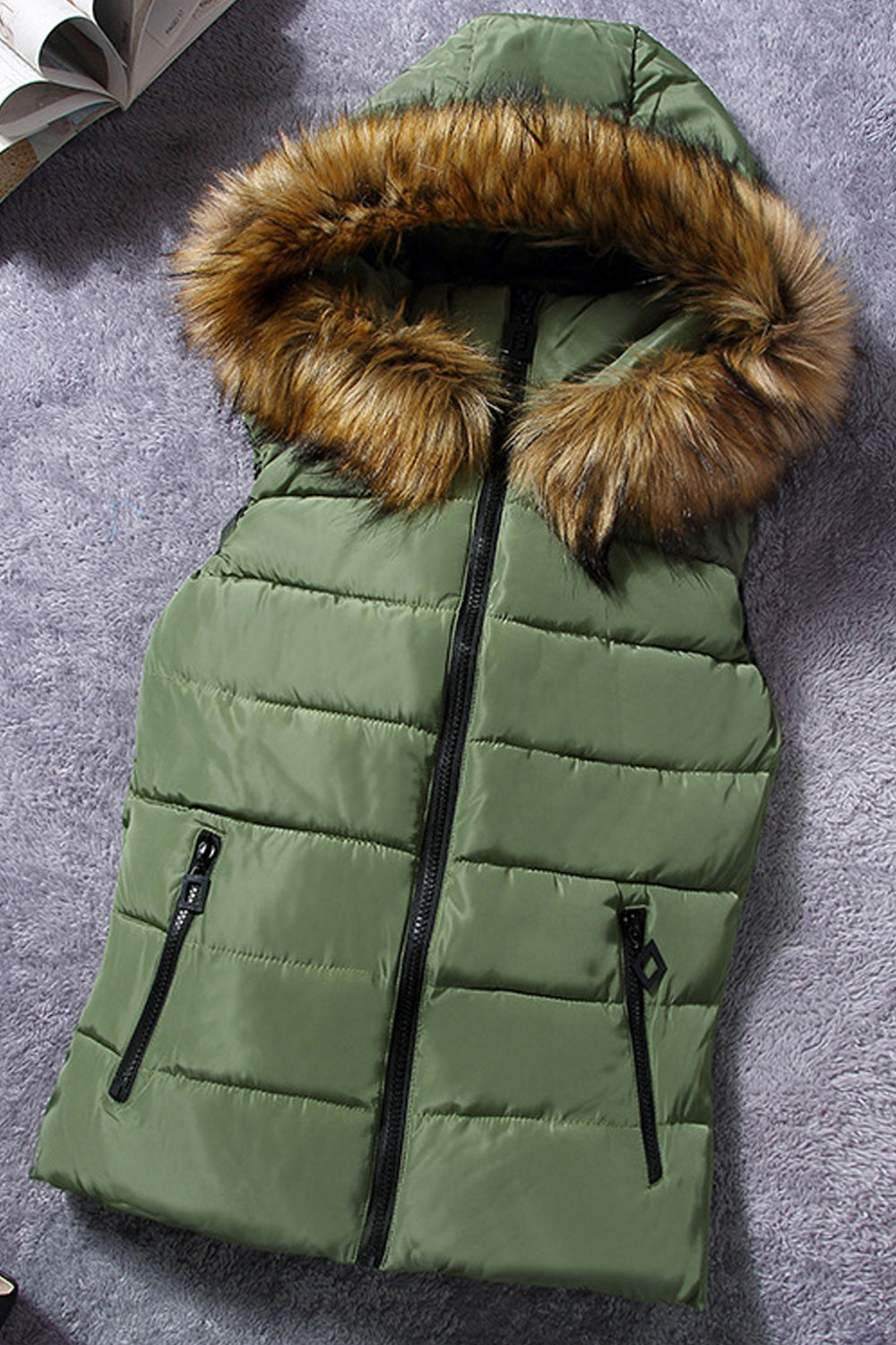 Women Trendy Fluffy Hooded Neck Solid Color Zip Up Pocket Padded Vest