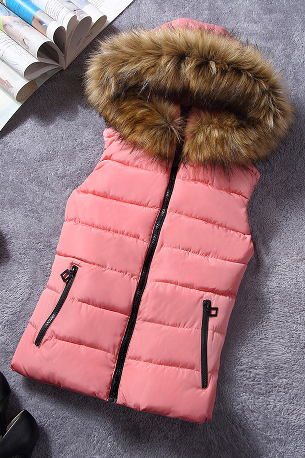 Women Trendy Fluffy Hooded Neck Solid Color Zip Up Pocket Padded Vest