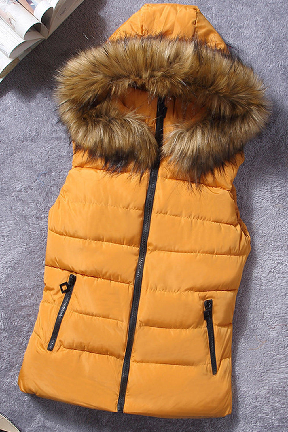 Women Trendy Fluffy Hooded Neck Solid Color Zip Up Pocket Padded Vest