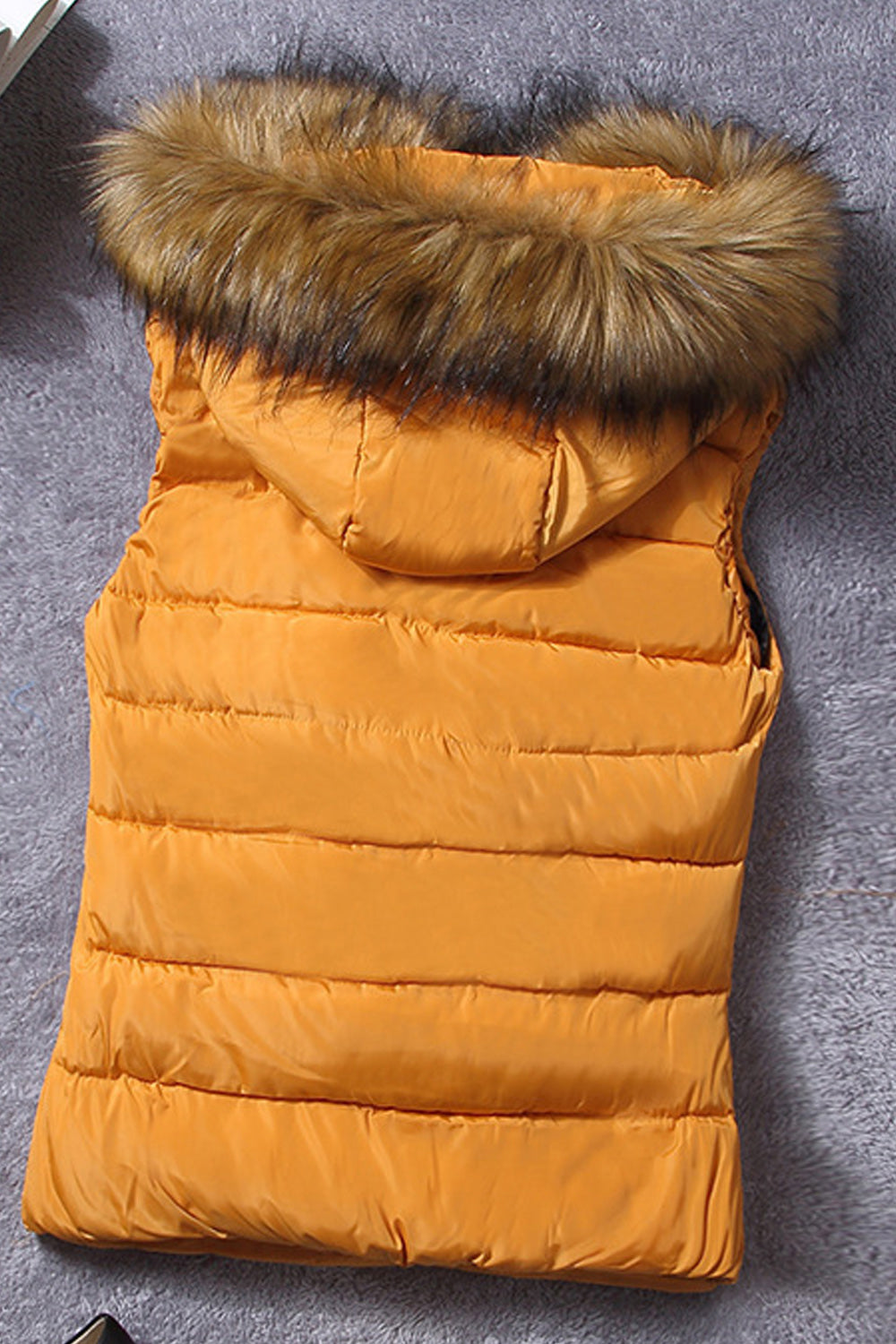 Women Trendy Fluffy Hooded Neck Solid Color Zip Up Pocket Padded Vest