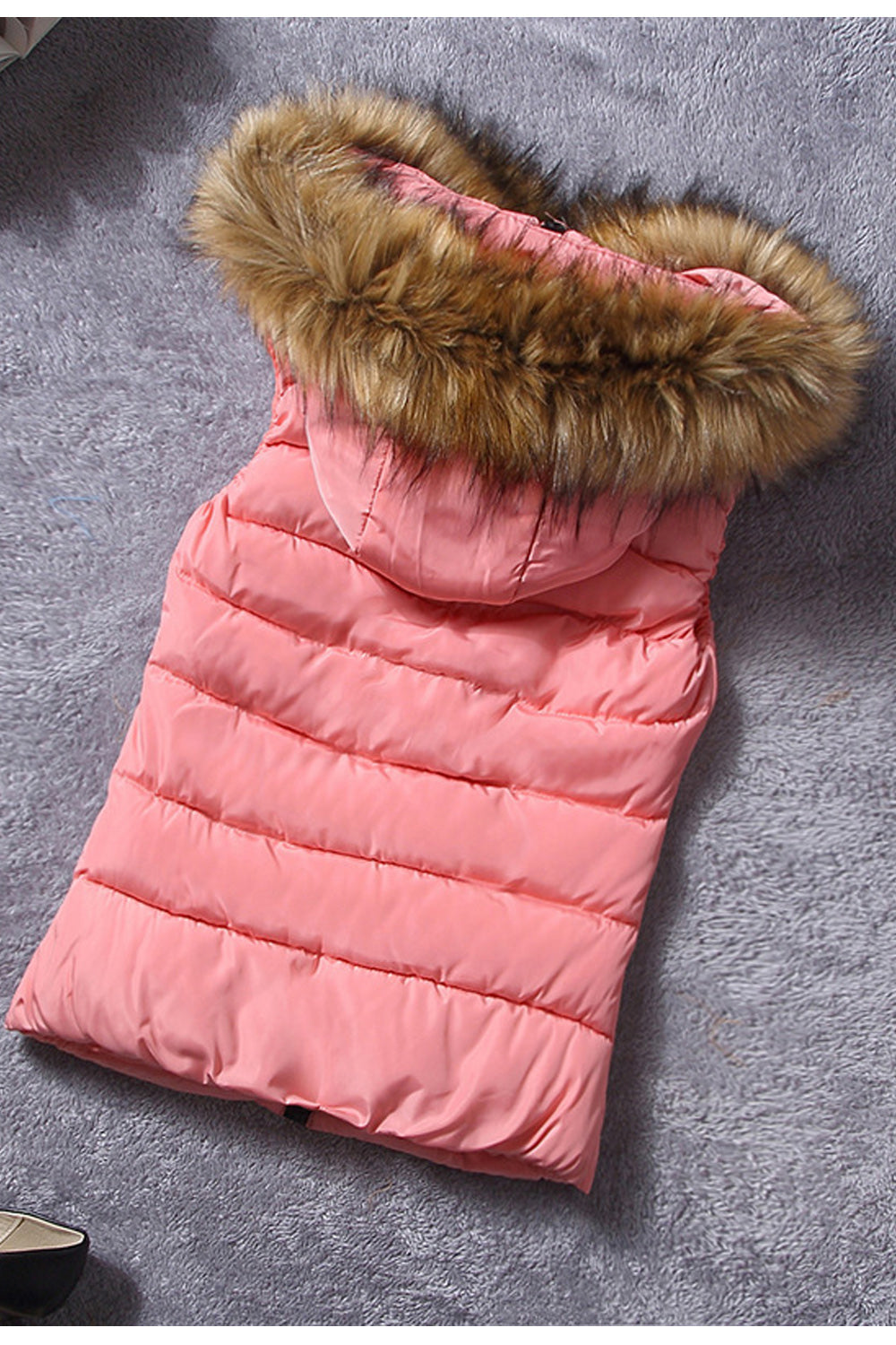 Women Trendy Fluffy Hooded Neck Solid Color Zip Up Pocket Padded Vest