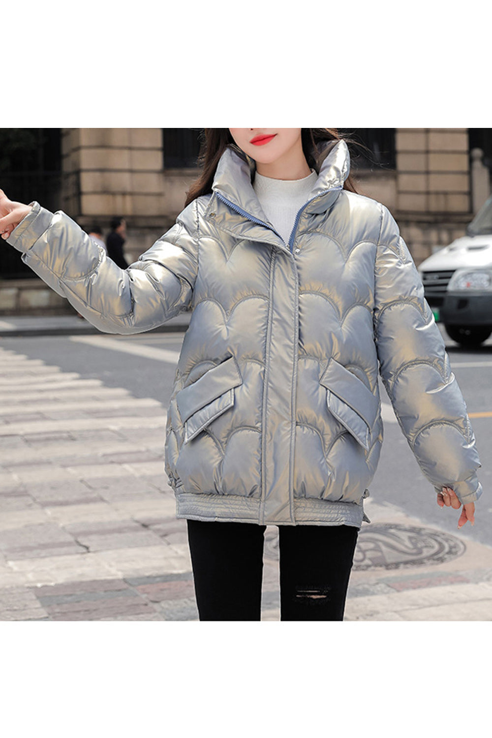 Women Fashionable Stand Collar Solid Colored Winter Warm Padded Jacket