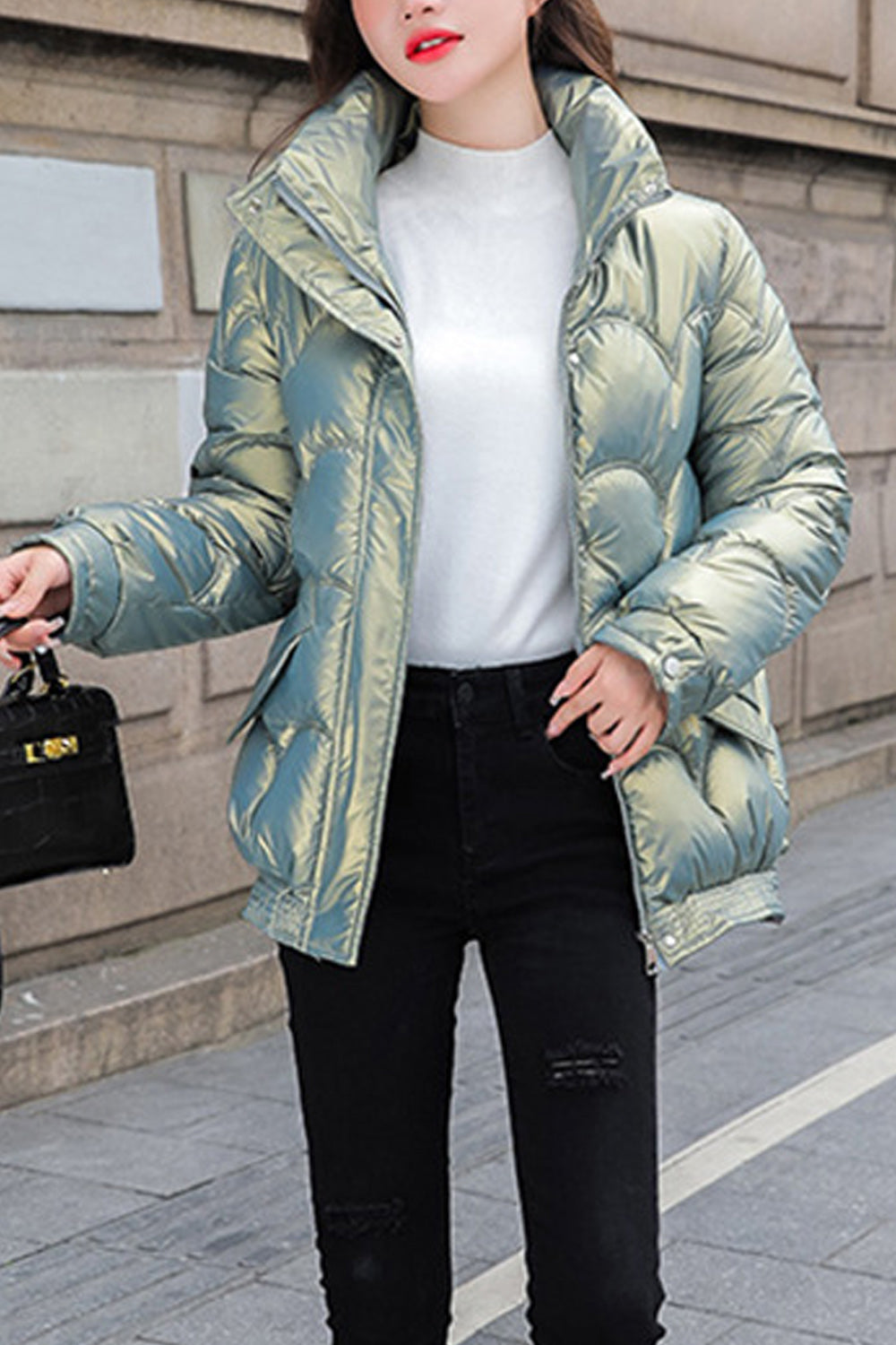 Women Fashionable Stand Collar Solid Colored Winter Warm Padded Jacket