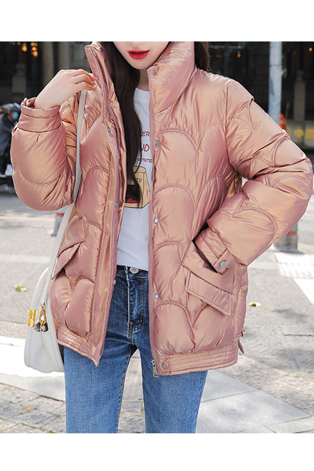 Women Fashionable Stand Collar Solid Colored Winter Warm Padded Jacket