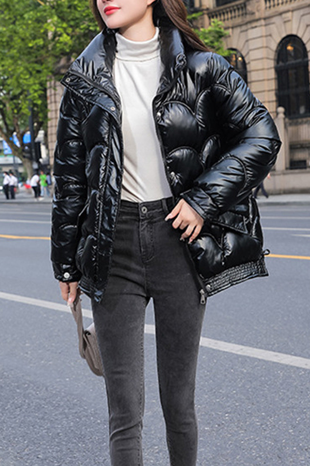 Women Fashionable Stand Collar Solid Colored Winter Warm Padded Jacket