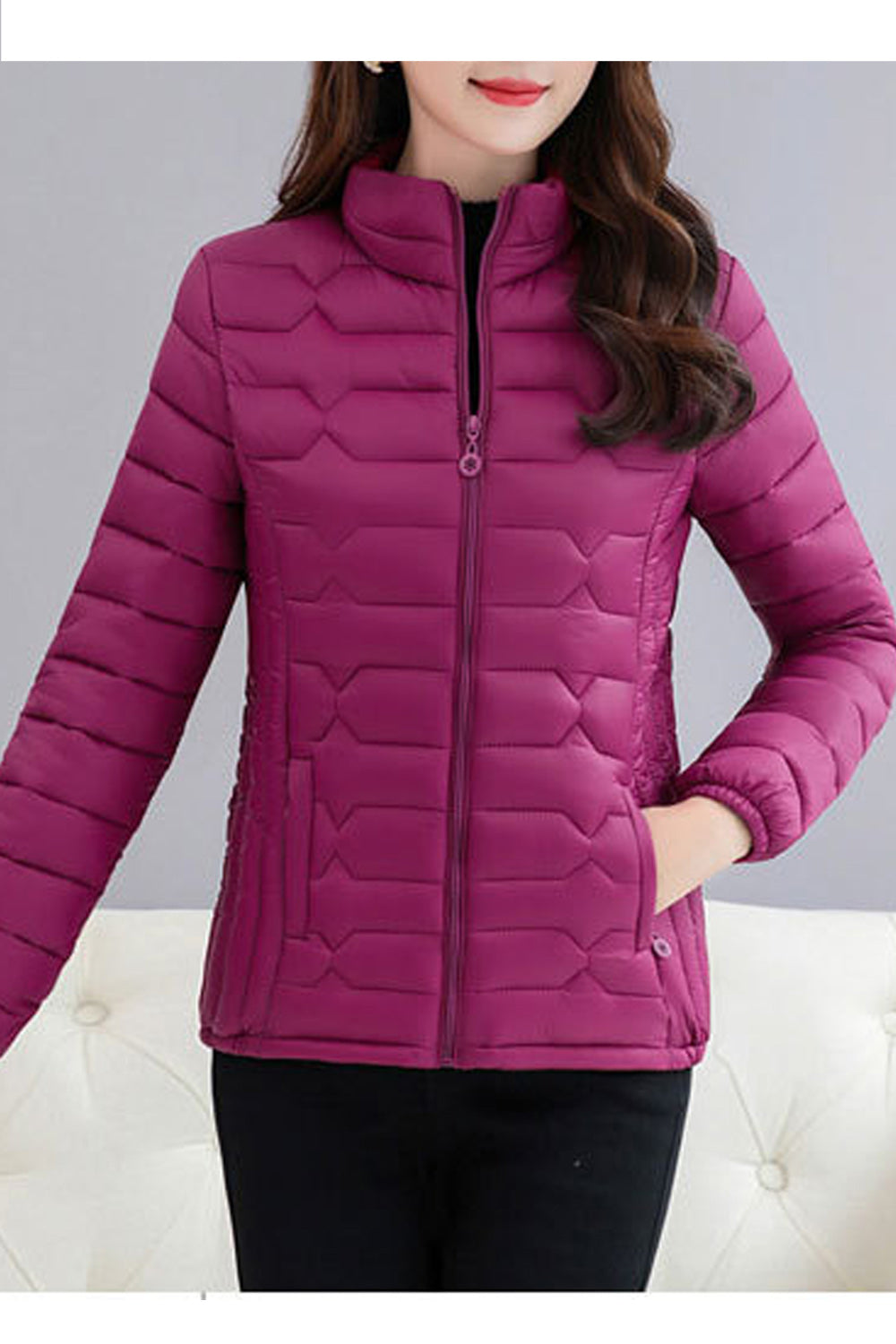 Women Thick Long Sleeve Ribbed Cuff Zip Closer Solid Pattern Padded Jacket