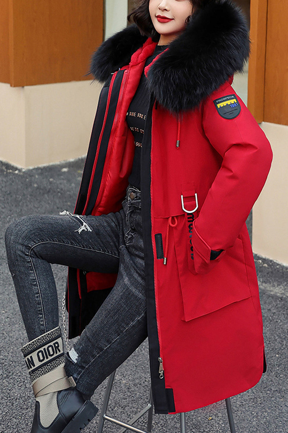Women Elegent Fluffy Hood Long Sleeve Solid Color Zip Closure Padded Jacket