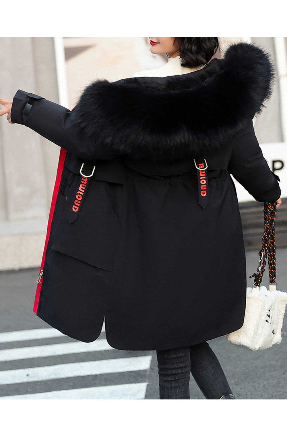 Women Elegent Fluffy Hood Long Sleeve Solid Color Zip Closure Padded Jacket