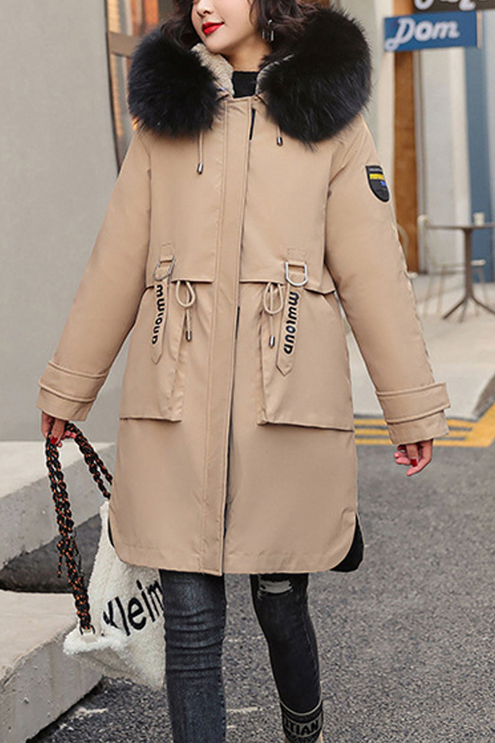 Women Elegent Fluffy Hood Long Sleeve Solid Color Zip Closure Padded Jacket