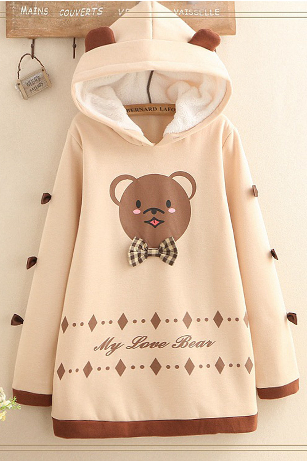Women Bear Printed Solid Color Hooode Neck Hoodie