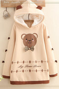 Women Bear Printed Solid Color Hooode Neck Hoodie