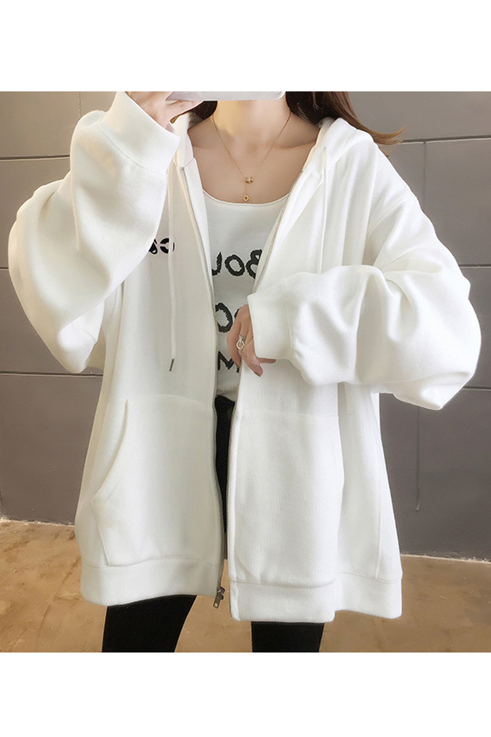 Women Zipper Closure Loose Fit Solid Color Warm Hoodie
