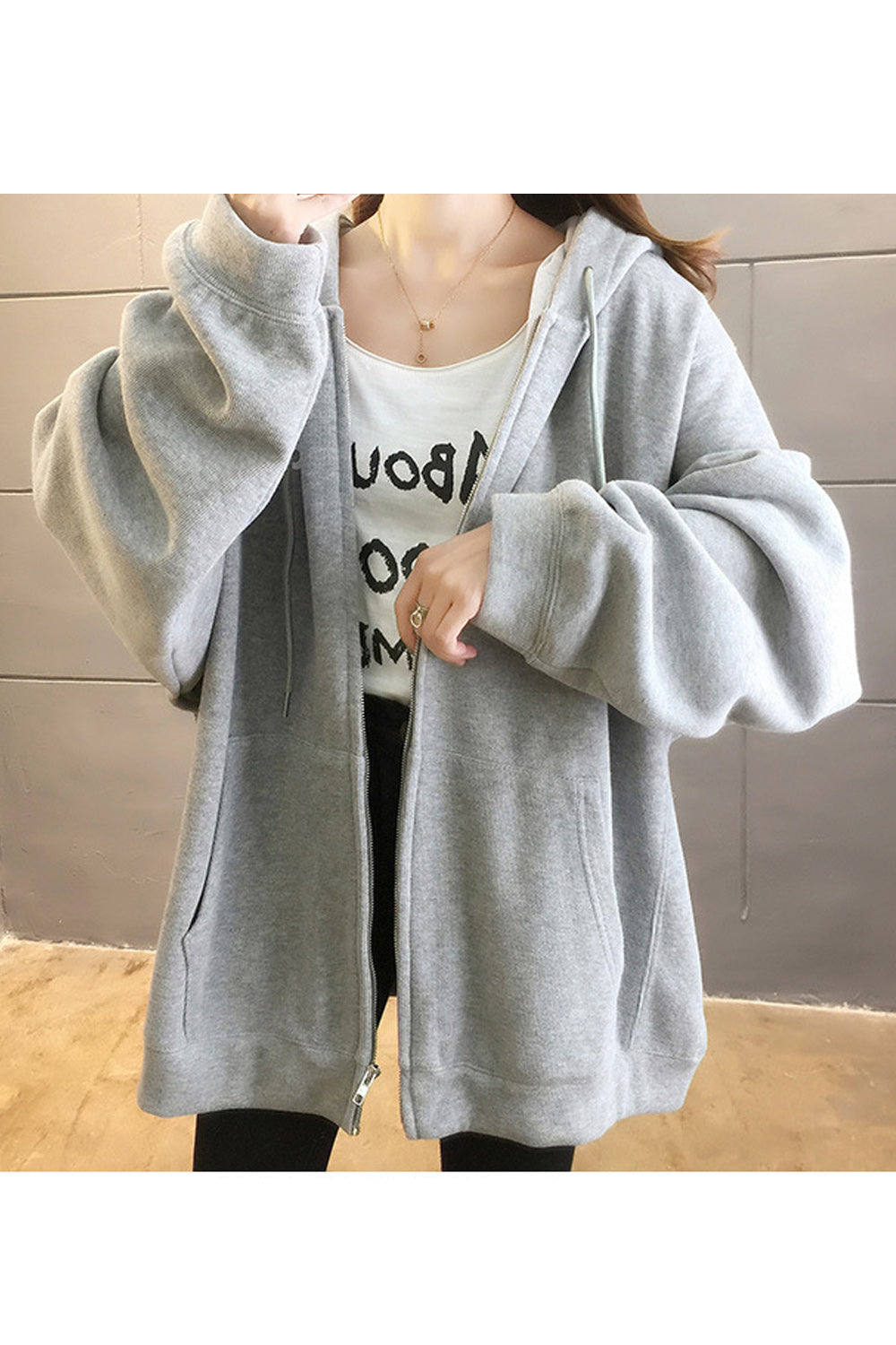 Women Zipper Closure Loose Fit Solid Color Warm Hoodie