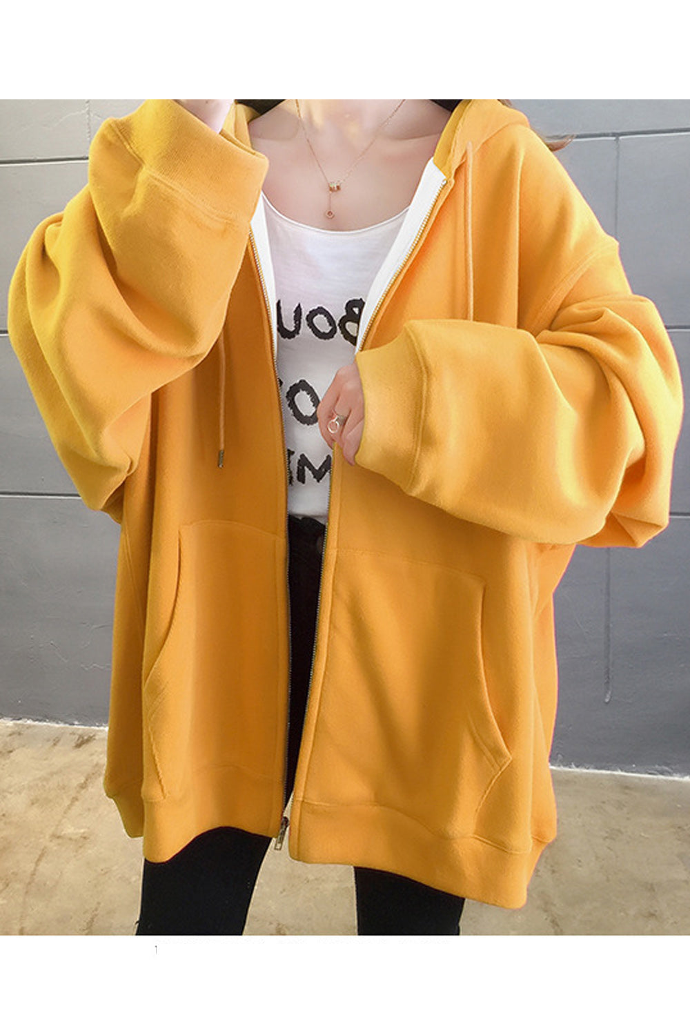 Women Zipper Closure Loose Fit Solid Color Warm Hoodie