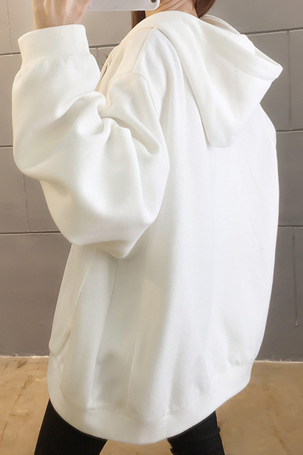 Women Zipper Closure Loose Fit Solid Color Warm Hoodie