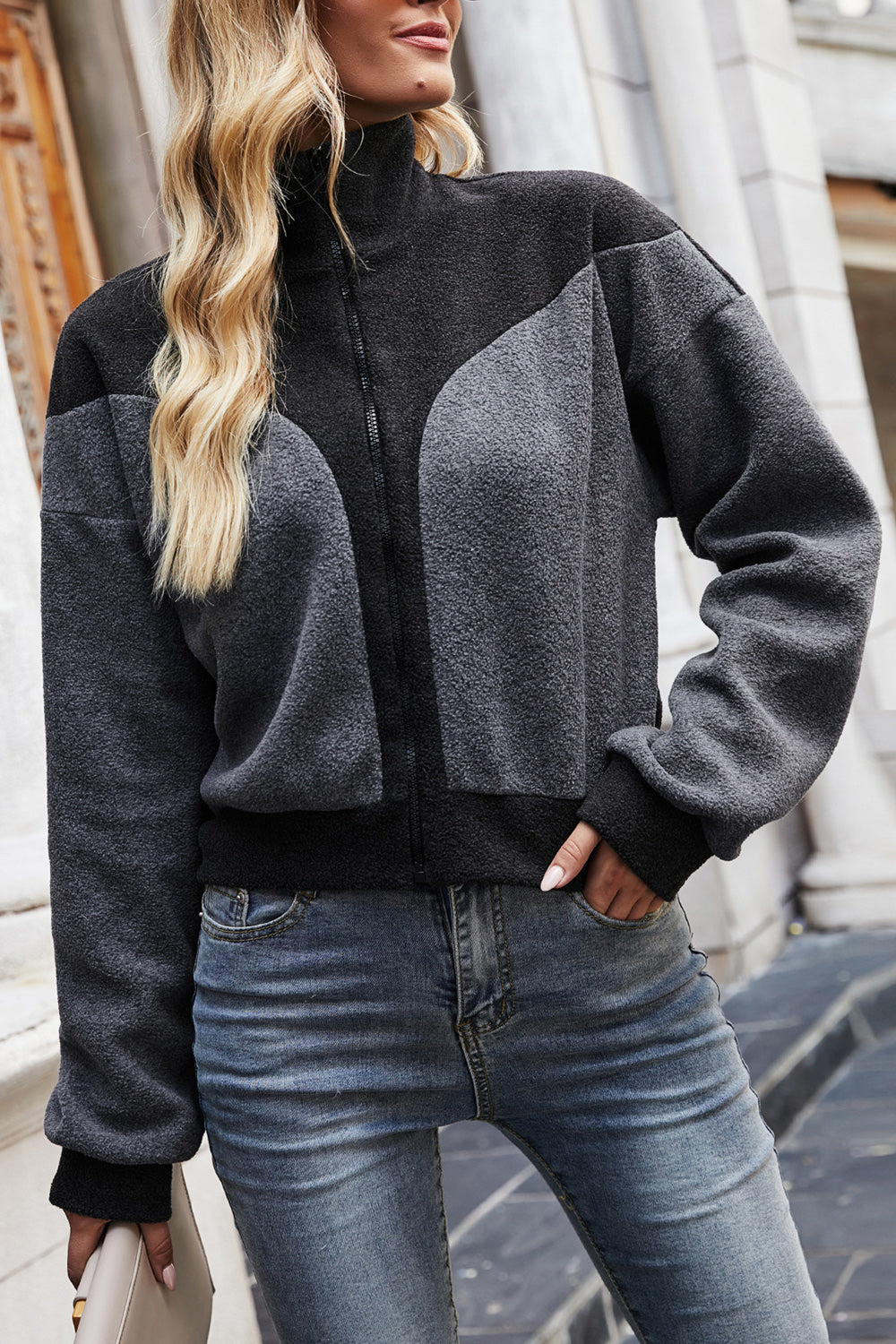 Women Tremendous Solid Color Standup Collar Long Sleeve Zipper Closure Jacket