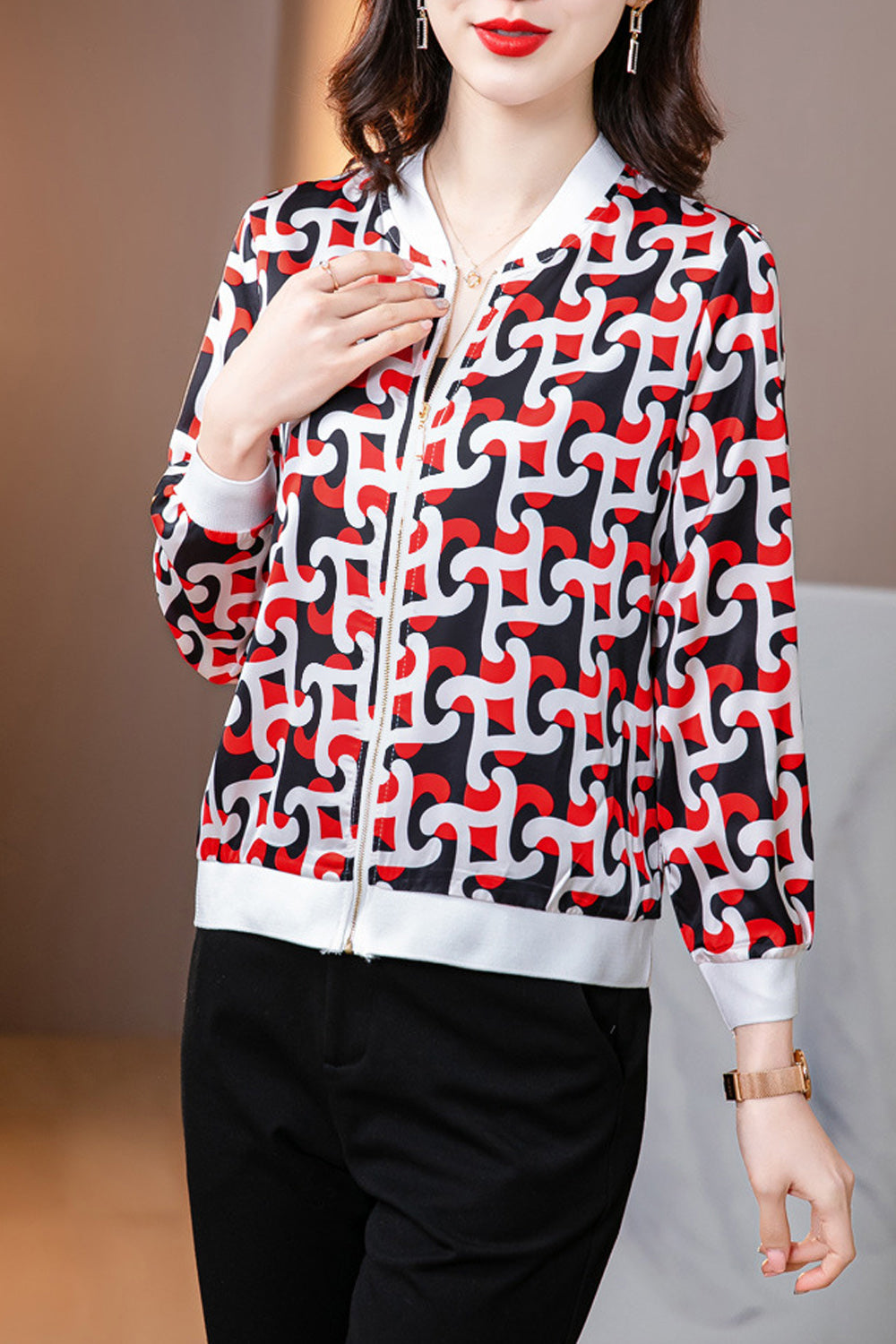 Women Trendy Lightweight Printed Pattern Zipper Closure Casual Jacket