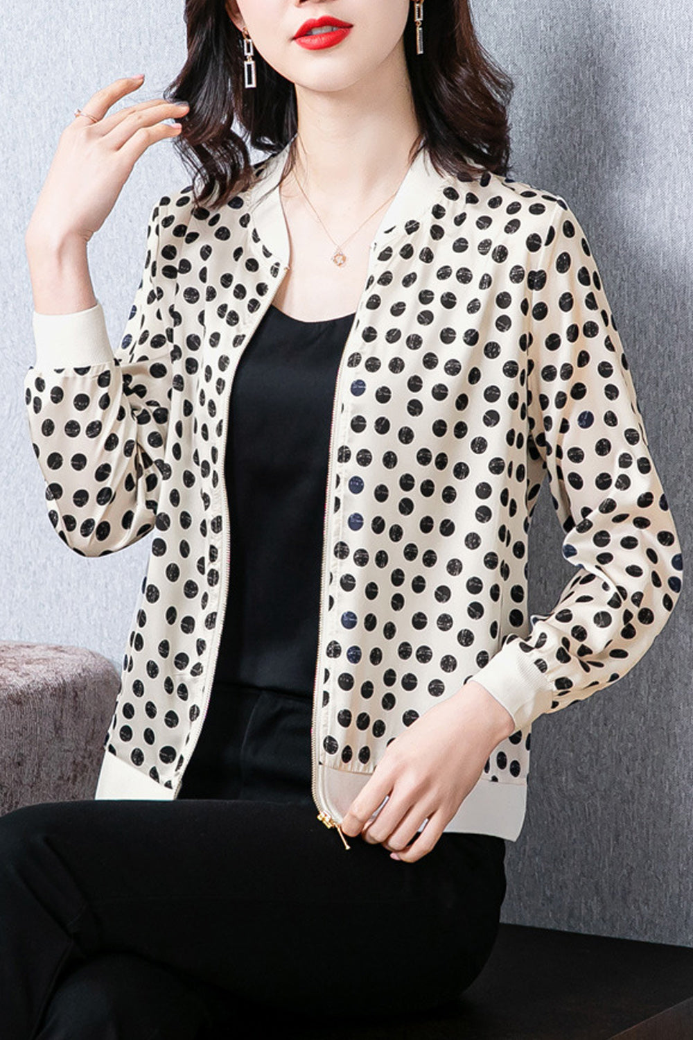 Women Trendy Lightweight Printed Pattern Zipper Closure Casual Jacket